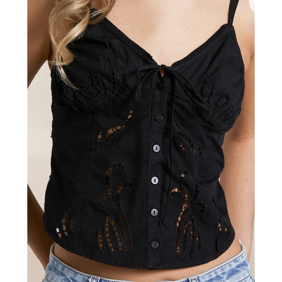Free People Sweet Eyelet Sammi Cropped Tank Top Black Size XS - Picture 1 of 6
